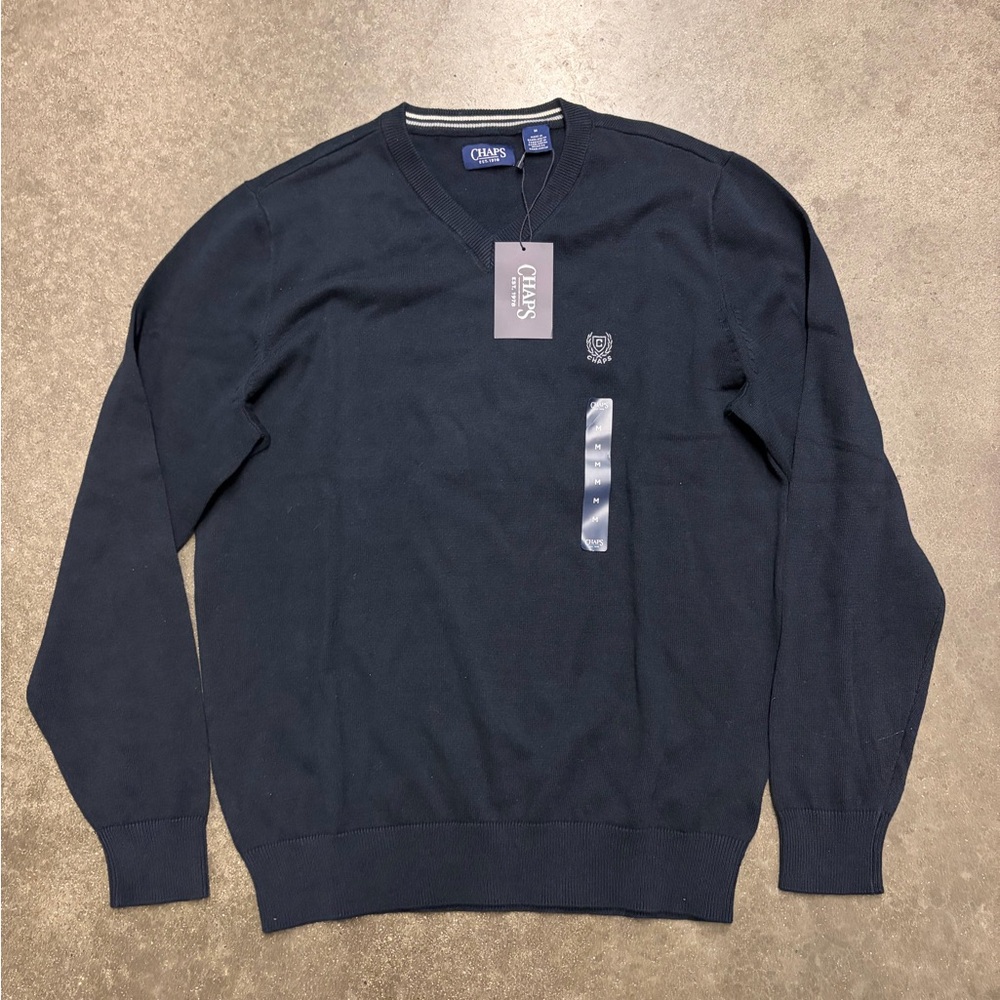 Chaps Men's Navy Blue V-Neck Crewneck Winter Sweater